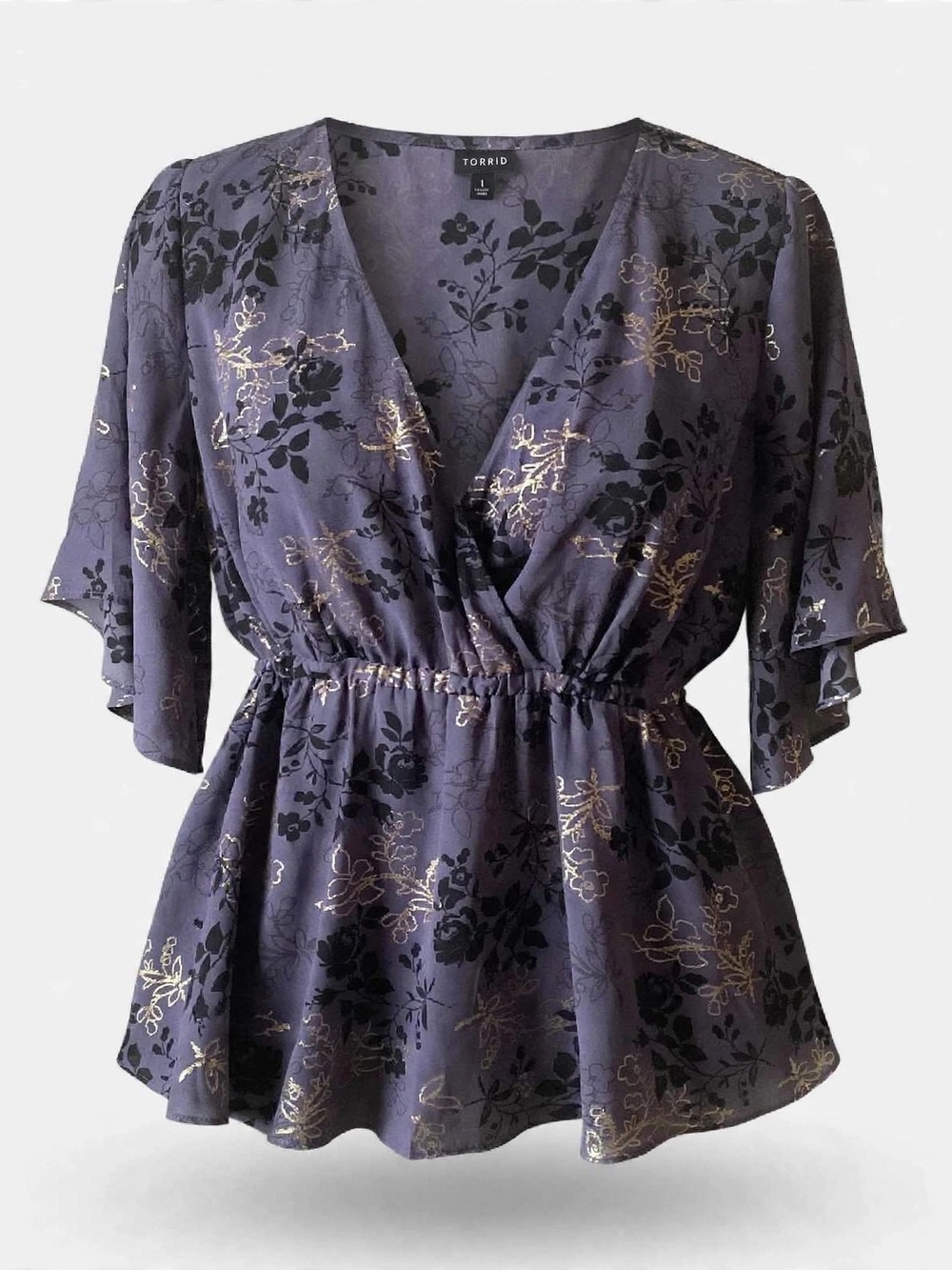 Torrid Purple Floral Faux Wrap Peplum Top - Picture 4 of 5